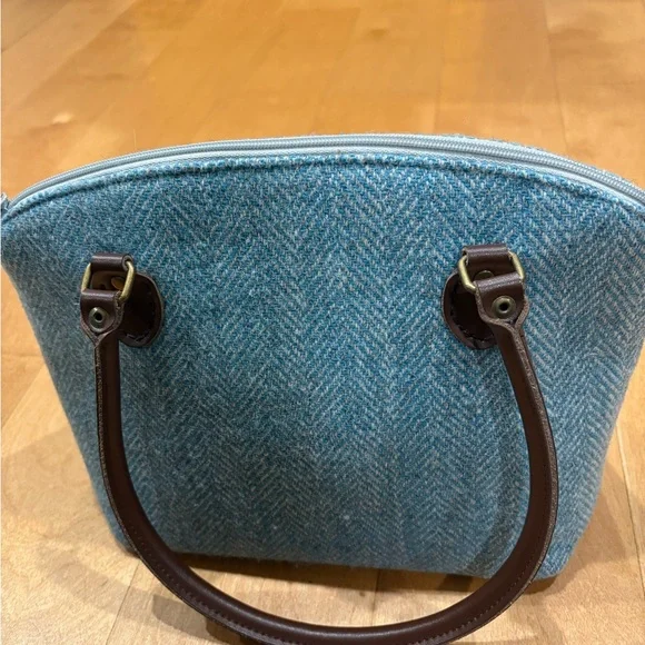 Harris Tweed Scotland wool small satchel bag turquoise blue - Picture 2 of 7
